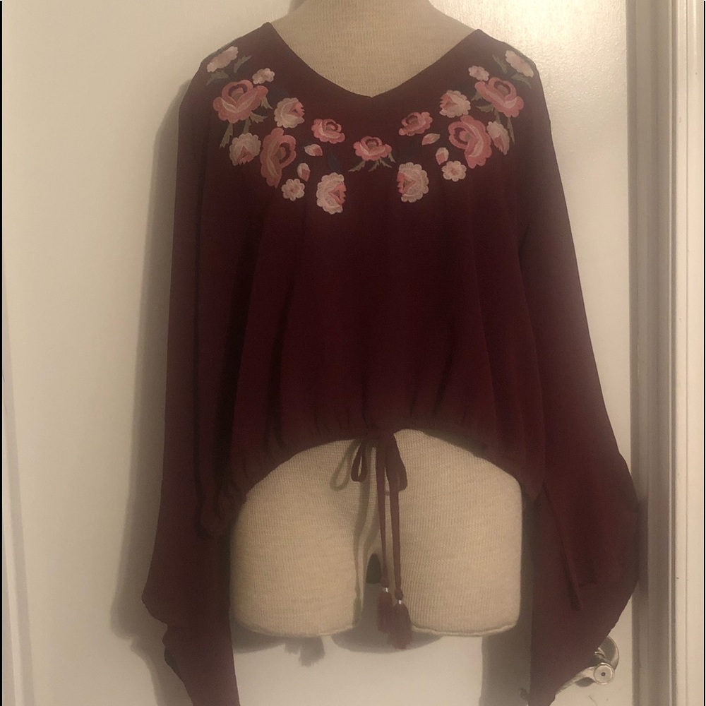 {Rue21+} Burgundy V Neck Bell Sleeve Top
